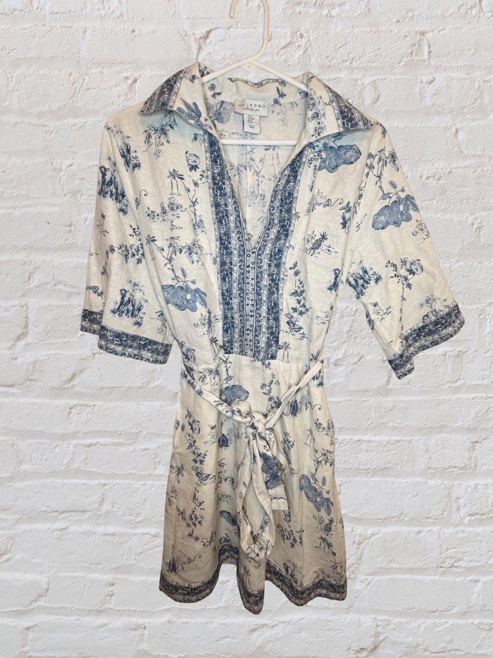 Calypso St. Barth Blue White Toile Linen Mini Dress Boho Coastal Resort Medium - Picture 2 of 7